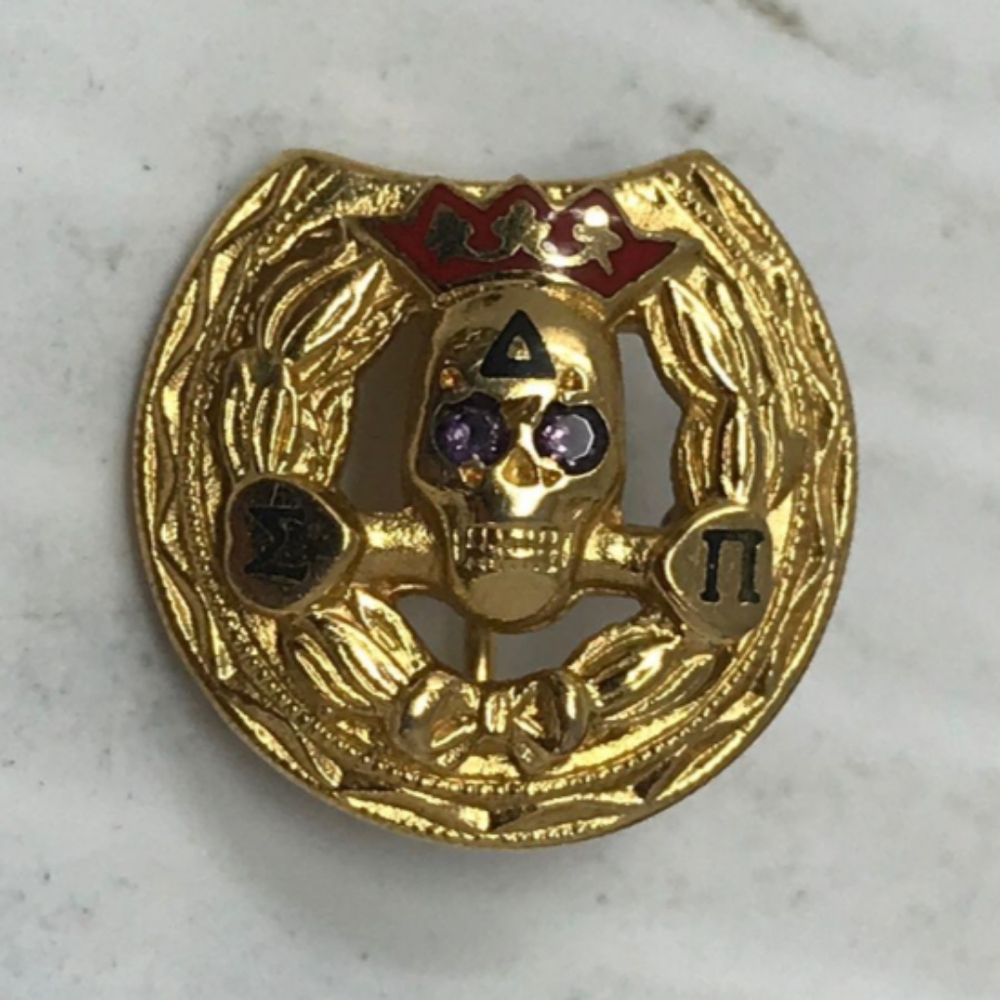 Vintage Delta Sigma PI Gold Tone Pin with Engraved Wooden Box